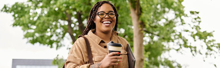 University teacher walks cheerfully outdoors, holding a coffee cup, surrounded by greenery.