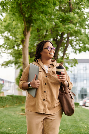 A university teacher strolls through campus, holding a laptop and coffee, smiling at the day.のeditorial素材