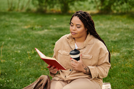 A university teacher enjoys coffee and a book while relaxing in the park.
