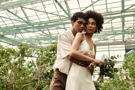 A young couple hugs in lush greenery, radiating love and calm in a serene setting.の写真素材