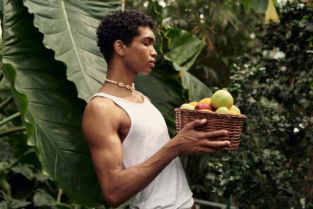 In a lush greenhouse, a man having a tender moment surrounded by greenery and fresh fruits.