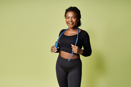 Confident sportswoman holds a jump rope, ready to begin her workout in a vibrant studio setting.