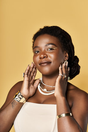 Young woman with radiant skin showcases beauty and confidence against a vibrant backdrop.