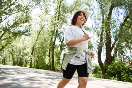 Sunlight shines through trees as a young woman jogs along a scenic, nature-filled path.