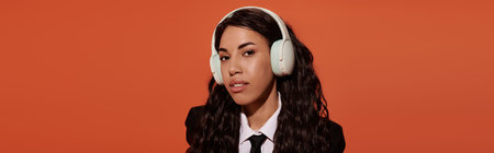 A beautiful young woman in a stylish outfit wearing headphones gazes confidently in warm light.