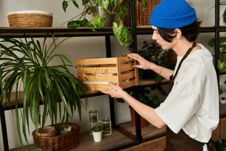 Handsome young man carefully transplanting plants on a sunny day in a cozy studio space