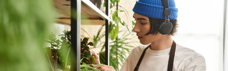 Handsome young man carefully transplants plants while enjoying music in a vibrant studio.の写真素材