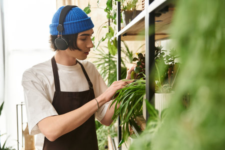Handsome young man wearing headphones nurtures plants while transplanting them in a cozy studio.