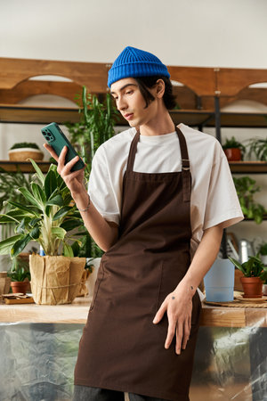 Handsome young man checks his phone in a vibrant studio surrounded by thriving plants.