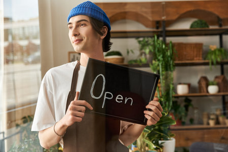 Young man in a stylish blue beanie smiles proudly while promoting his vibrant plant studio.