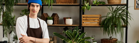 Handsome young man posing with crossed arms near various plants showcasing his gardening skills.の写真素材
