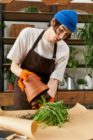 Young man carefully transplants vibrant greenery while fostering his love for plants in a studio.