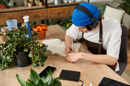 Handsome young man carefully transplants plants while jotting down notes in a stylish studio.の写真素材