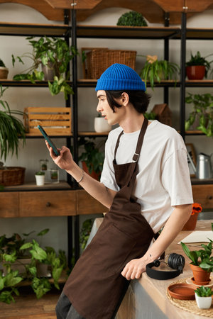 Handsome young man carefully checking his phone while surrounded by thriving houseplants.の写真素材