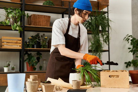 Handsome young man focused on transplanting plants in a serene indoor garden studio.