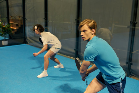 Two young men are focused on a competitive padel game, showcasing their skills and teamwork.