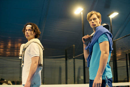 Dynamic young men display their padel skills, preparing for an intense match at the court.