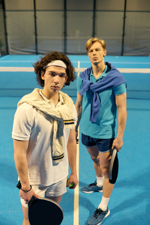 Two young men hold paddles on a bright padel court, focused and ready for action.