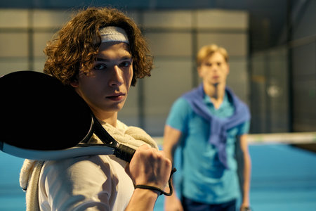 Two young men in sports gear practice padel, displaying their skills and determination.