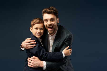 A father and son embrace, spreading joy and love on Fathers Day, making lasting memories.の写真素材
