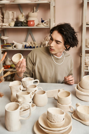 A creative man showcases unique pottery pieces in a vibrant studio.