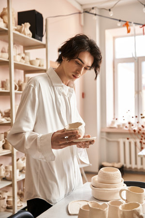 A man delicately examines a piece of pottery while surrounded by artistic creations in a studio.の写真素材
