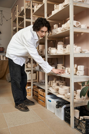 In a pottery studio, a stylish man arranges ceramics on shelves, highlighting creativity.の写真素材