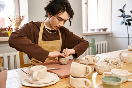 A handsome man is focused on shaping clay, surrounded by beautiful ceramic creations in the studio.の写真素材