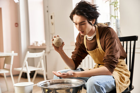 A stylish man skillfully molds clay in an inspiring pottery studio dedicated to art and craft.