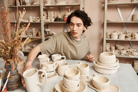 A talented artist skillfully arranges handmade pottery pieces in a bright, inspiring studio.