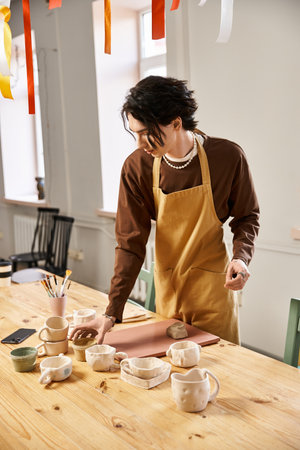 A talented man focuses on shaping clay amidst colorful decor in a bustling pottery studio.