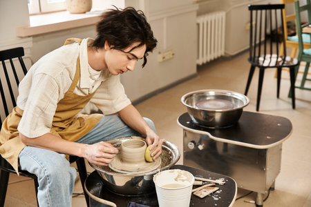 Stylish man expertly shapes clay on a potters wheel in a bright and inspiring studio space.