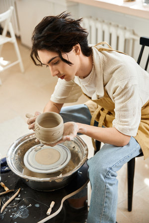 Creative man skillfully shapes a clay pot on the wheel in his pottery studio, surrounded by art.