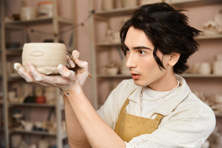 A talented man intensely shapes a ceramic bowl in a colorful and creative pottery studio.の写真素材