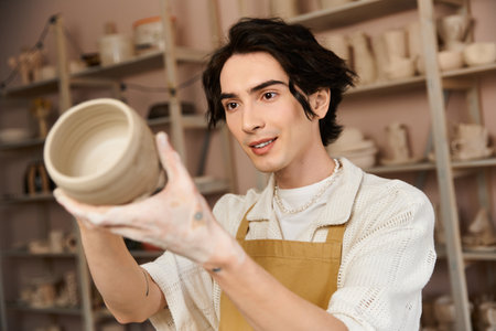 An artisan creates a beautiful pottery piece in a vibrant studio atmosphere.の写真素材