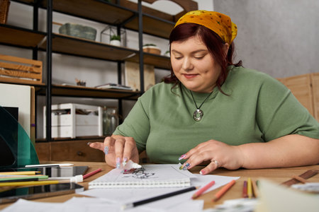 An elegant woman enjoys creating art in a studio filled with colorful materials and inspiration.