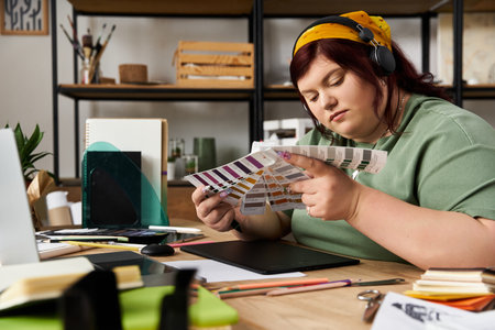 Elegant woman deeply engaged in selecting color palettes while surrounded by art supplies.