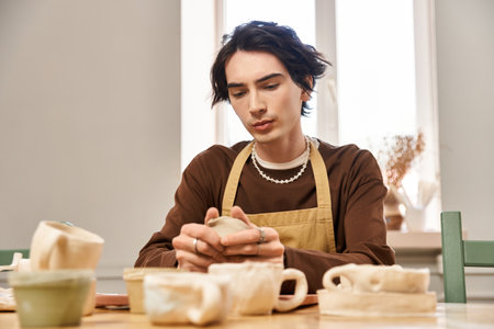 A skilled craftsman works attentively on his pottery, surrounded by ceramics in a sunny studio.