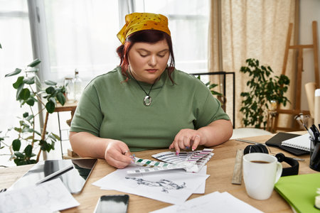 An elegant woman chooses color palettes in a sunlit art studio with lush plants.の写真素材