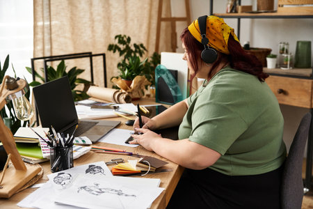 A pretty woman wearing headphones engages deeply in creating sketches at her artistic work station.の写真素材