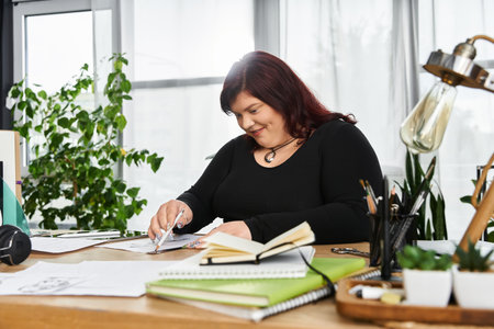 A stylish woman works on her art in a bright, green filled studio.