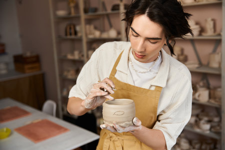 Handsome man carefully decorates pottery in a cozy studio filled with artistic inspiration.