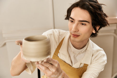 In a vibrant pottery studio, a handsome man skillfully molds a clay bowl, radiating creativity.の写真素材