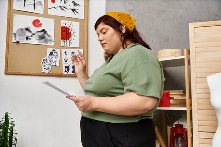 Pretty woman in an art studio thoughtfully reviews her creative ideas while surrounded by artwork.の写真素材