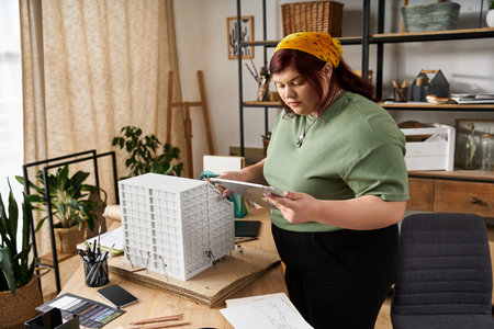 A creative woman works on a model building at a studio table, surrounded by art supplies.の写真素材