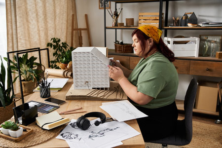 An elegant woman works diligently in her art studio, crafting and surrounded by creative materials.