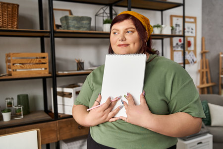 A stylish woman holds a sketchpad, embodying creativity in her inspiring art studio.の写真素材