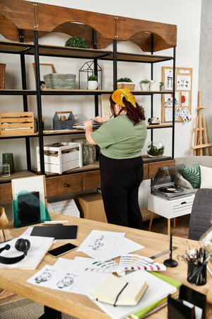 A creative woman arranges her art studio, showcasing her unique style and artistic vision.