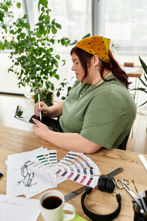 In a lively art studio, a woman embraces her creativity as she sketches and designs new ideas.の写真素材