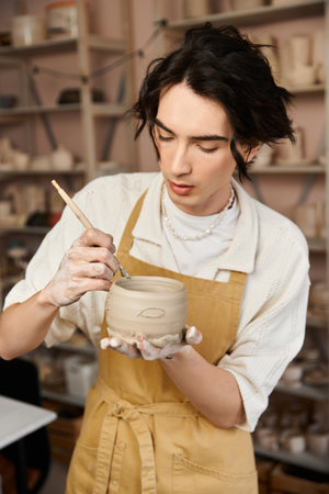 Handsome man focuses on shaping clay, showcasing talent in a lively pottery studio atmosphere.の写真素材